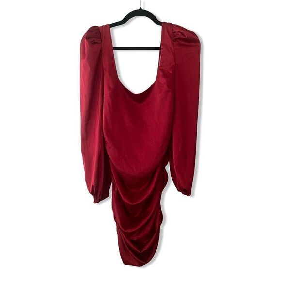 More To Come Blaire Mini Dress in Wine red satin ruched blouson sleeve Revolve M - Picture 3 of 8